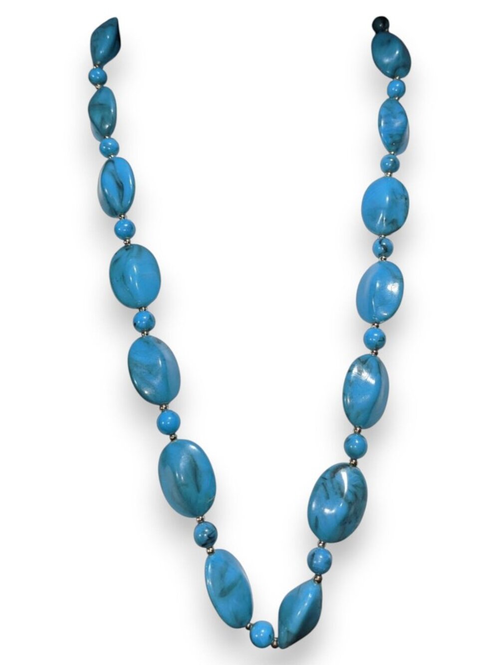 Boho Faux Stone Blue Black Swirl Beaded Necklace 23 Inch Preowned